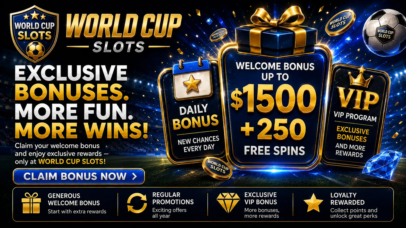World Cup Slots bonuses with welcome offer, free spins and football betting promotions